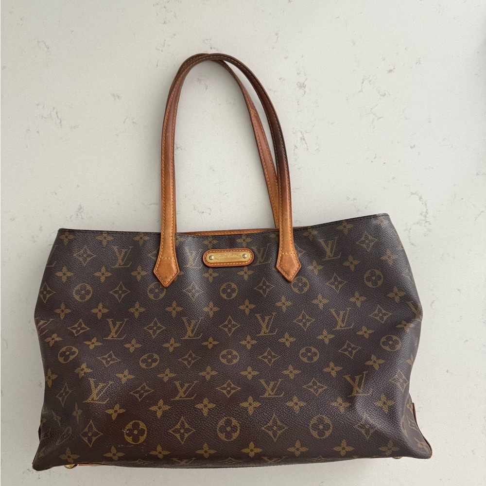 Louis Vuitton Monogram Brown Tote Bag with Tan Leather Handles